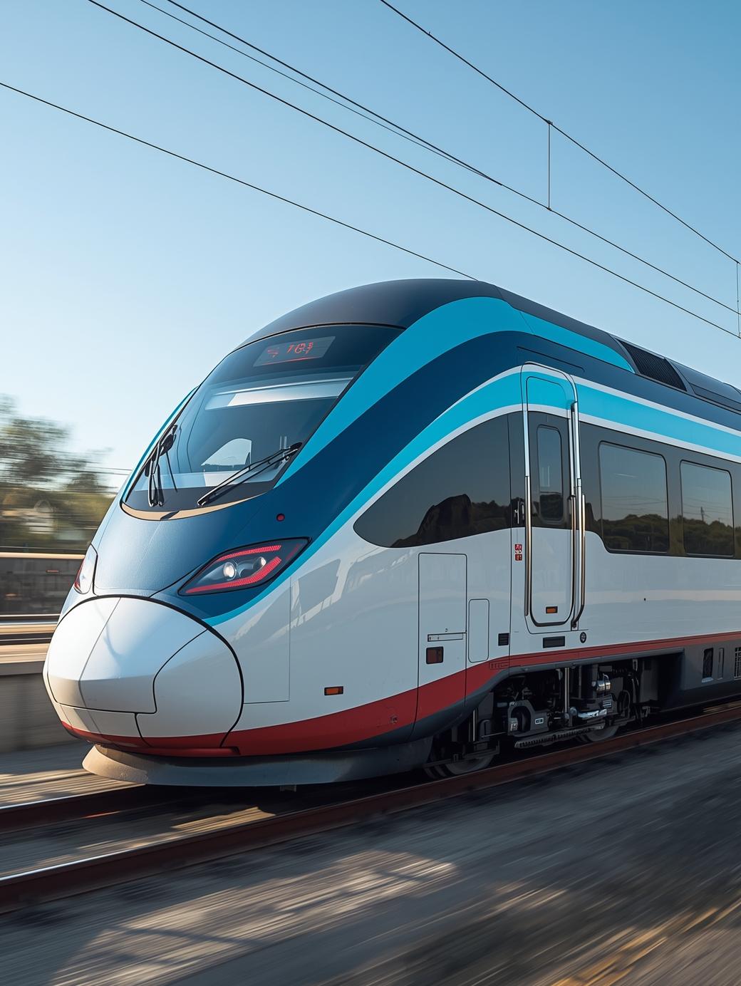 moderní reálná fotografie vlaku comfortjet ve svěžích světlých barvách bílá ve venkovním prostředí při jízdě, modrá světlá. modrá tmavá, modrá neonová, šedá, tmavě červená (1)